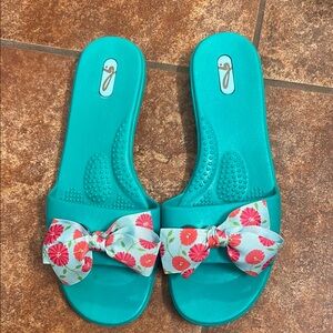 Teal Slide Sandals with Floral Bow